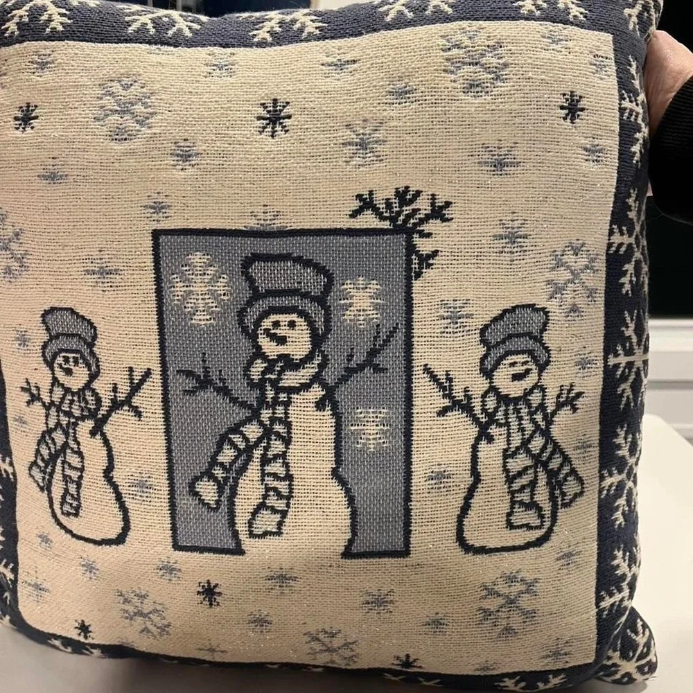 Christmas Pillows embroidered pink green tree and blue and wite snowman scene